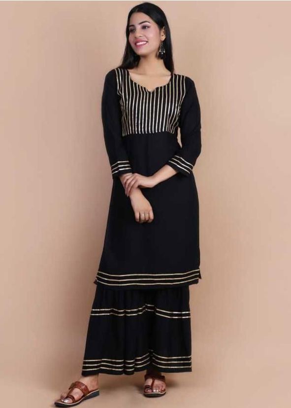 Black Gota Patti Embellished Long Kurta With Gharara