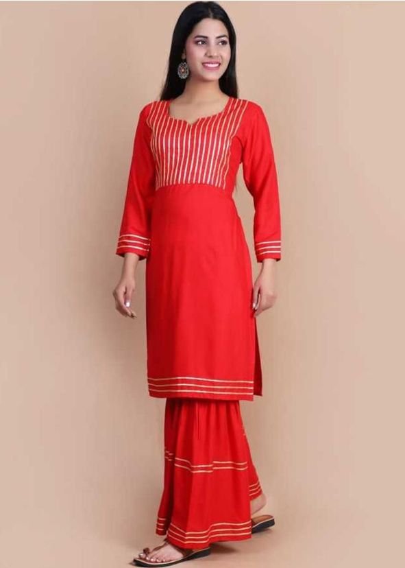 Red Gota Patti Embellished Long Kurta With Gharara