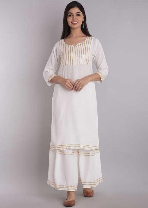 White Readymade Gota Patti Laced Kurta Gharara Set