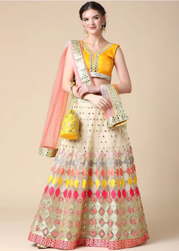 Pink Mirror Embellished Lehenga Choli In Net