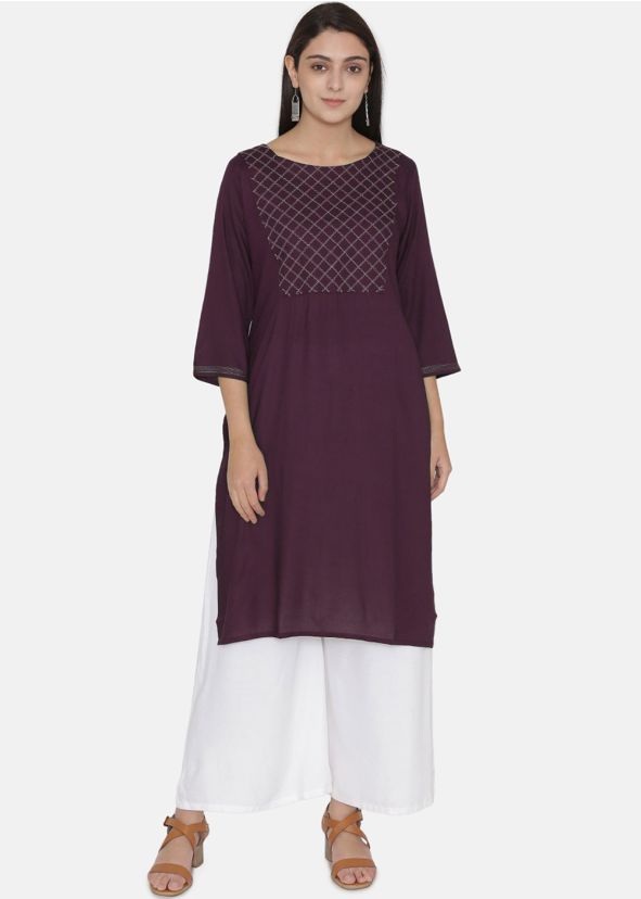 Magenta Embroidered Long Kurta With Palazzo