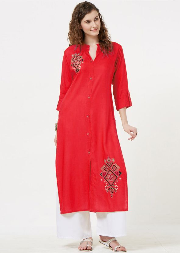 Red Embroidered Slit Style Long Kurta With Palazzo