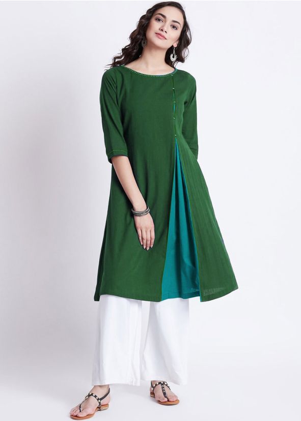 Green Readymade Rayon Paneled Kurta Palazzo Set