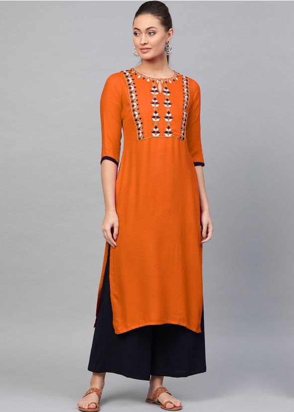 Orange Embroidered Readymade Kurta Palazzo Set