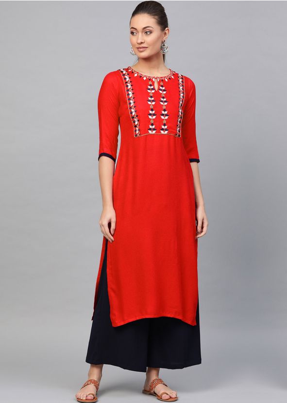 Red Embroidered Readymade Straight Cut Kurta Set