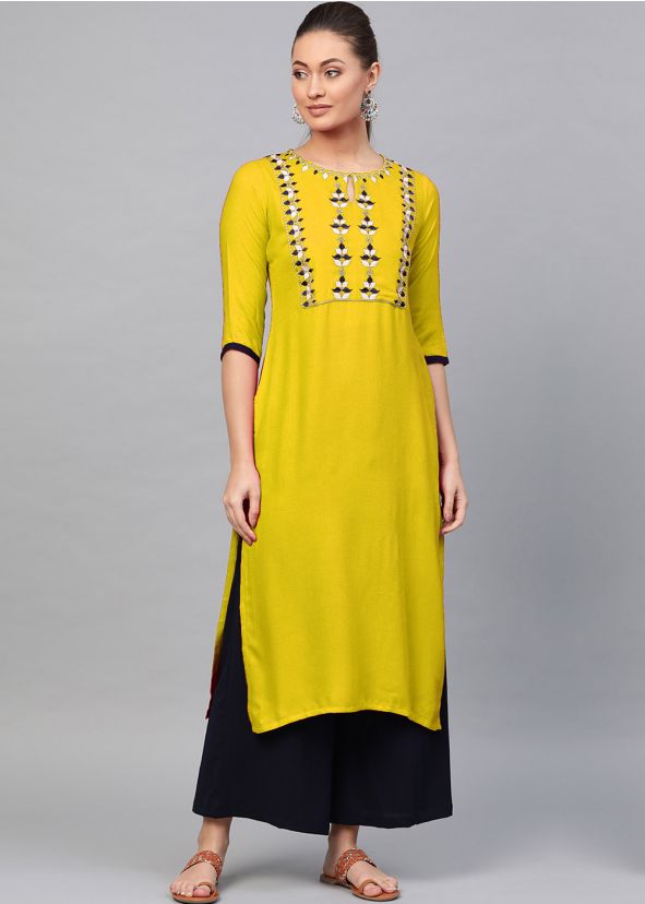 Yellow Readymade Embroidered Rayon Kurta Set