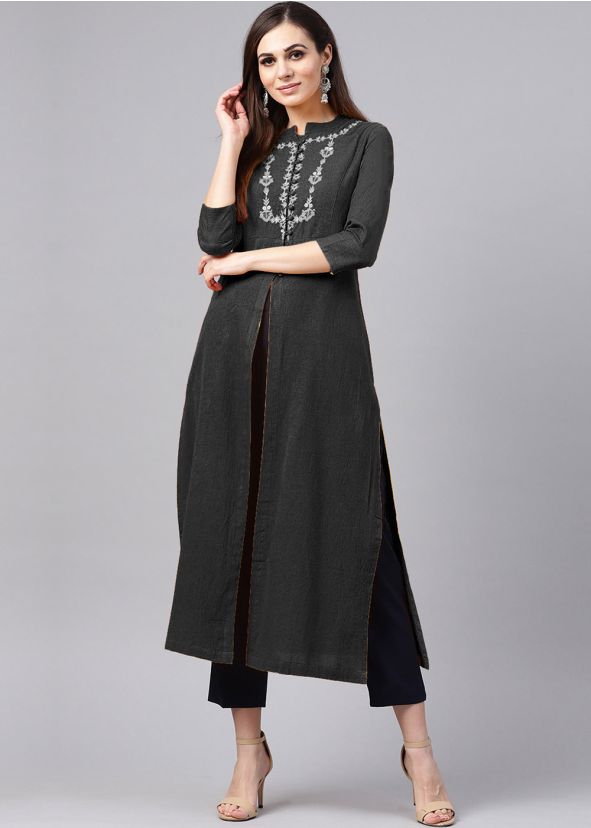 Black Rayon Readymade Slit Style Kurta Pant Set