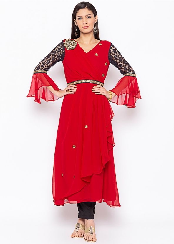 Red Asymmetric Twin Layered Bell Sleeved Kurta Set