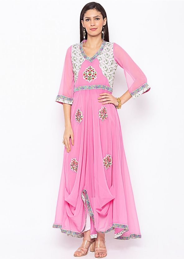 Pink Embroidered Asymmetric Cowl Style Kurta Set