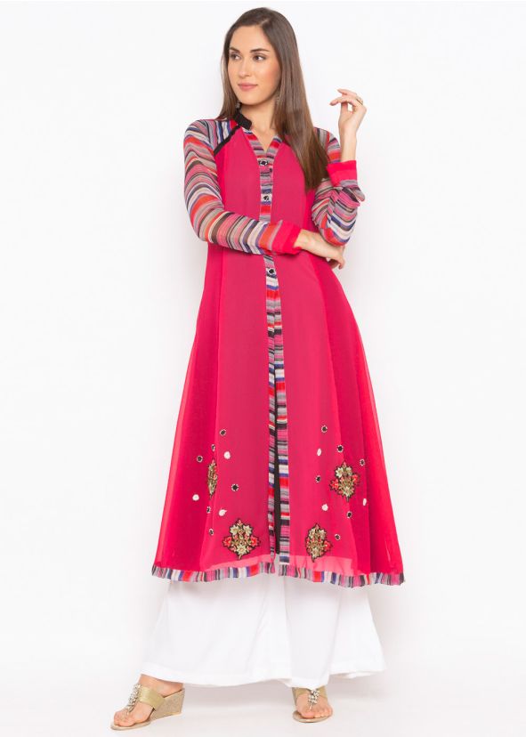 Pink Embroidered Slit Style Long Kurta With Palazzo