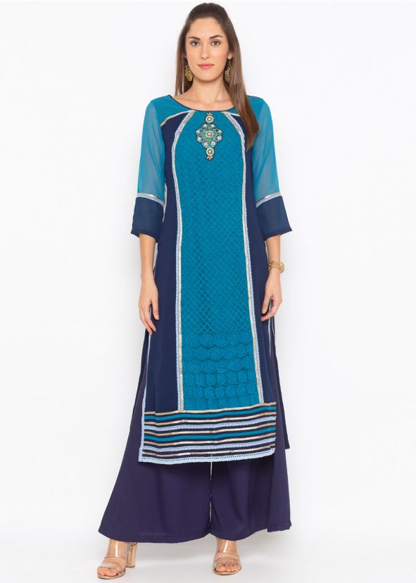 Blue Embroidered Paneled Long Kurta With Palazzo