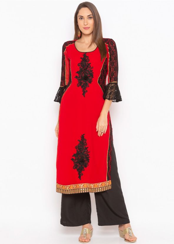 Red Embroidered Readymade Bell Sleeved Kurta Set