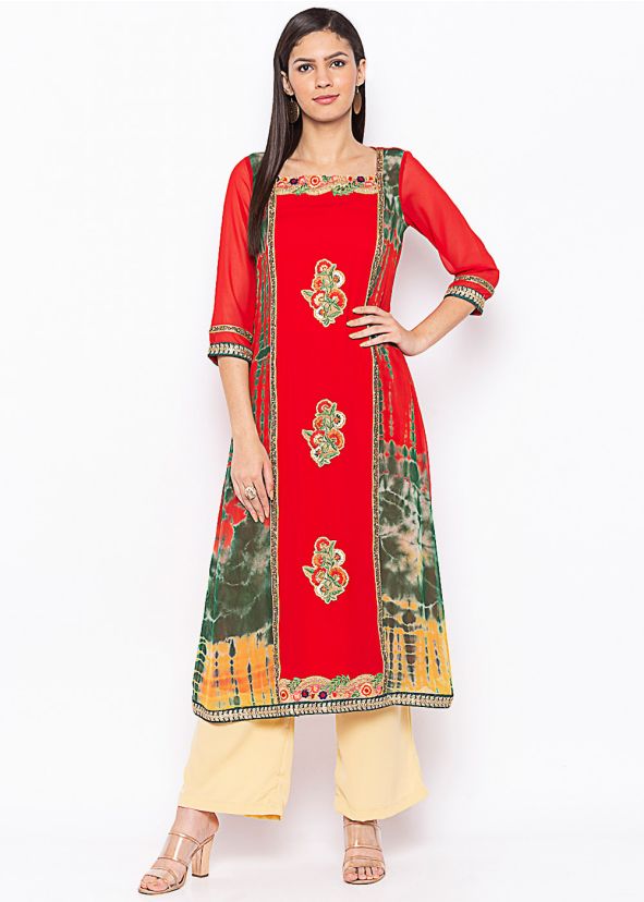 Red Tie Dye Printed Paneled Long Kurta With Palazzo