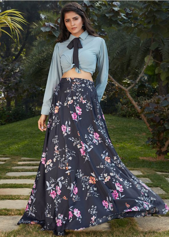 Readymade Blue Top With Floral Printed Long Skirt