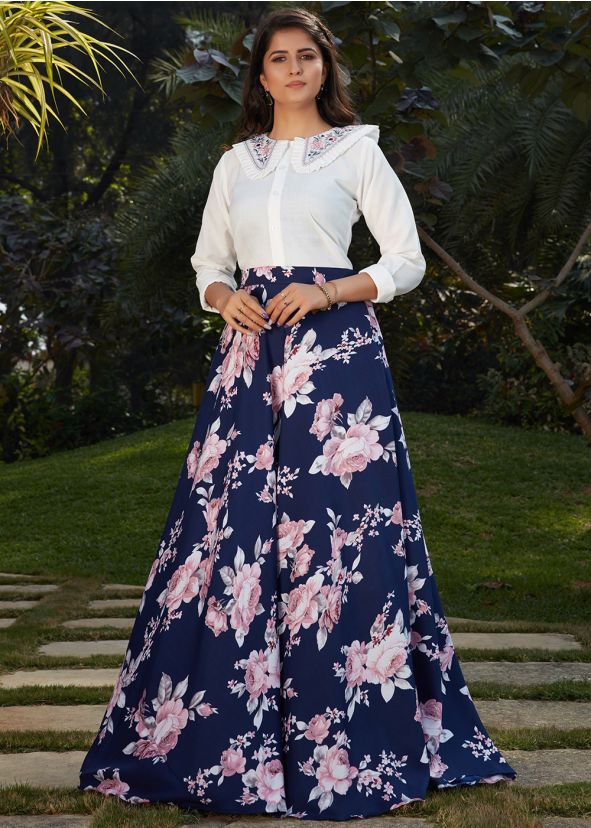 White Embroidered Top With Floral Printed Skirt