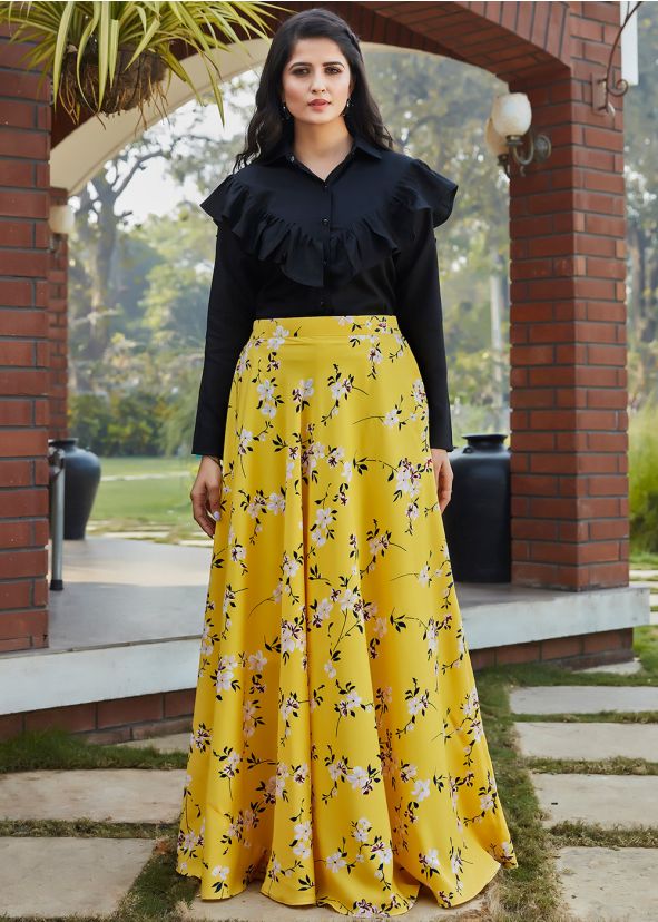 Black Ruffled Top With Floral Printed Long Skirt