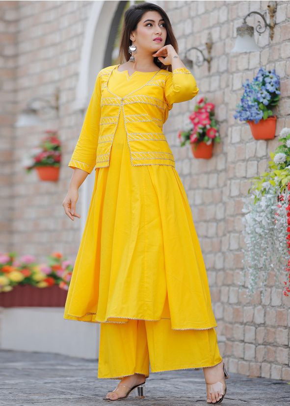 Yellow Kurta Palazzo With Gota Patti Embellished Jacket