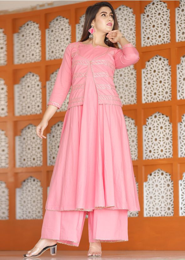 Peach Gota Patti Laced Jacket Style Kurta With Palazzo