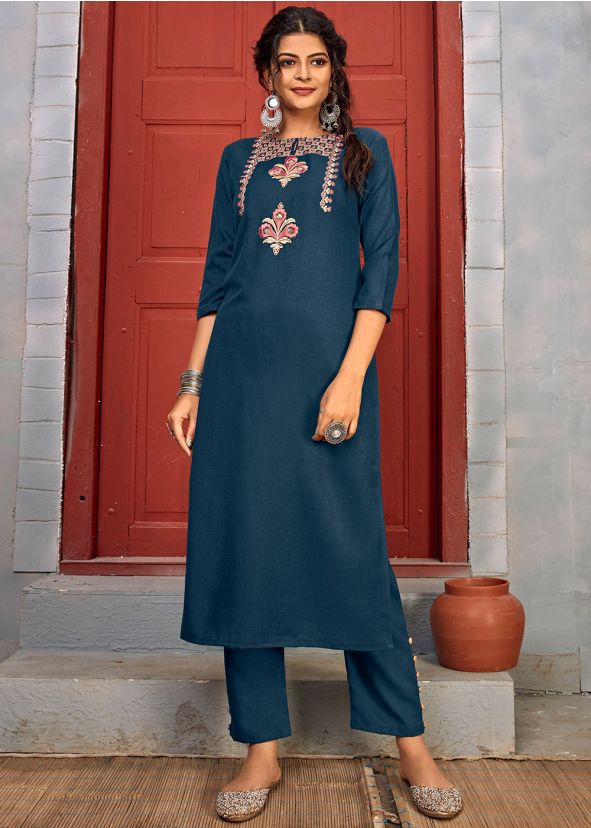 Readymade Blue Straight Cut Kurta With Pant