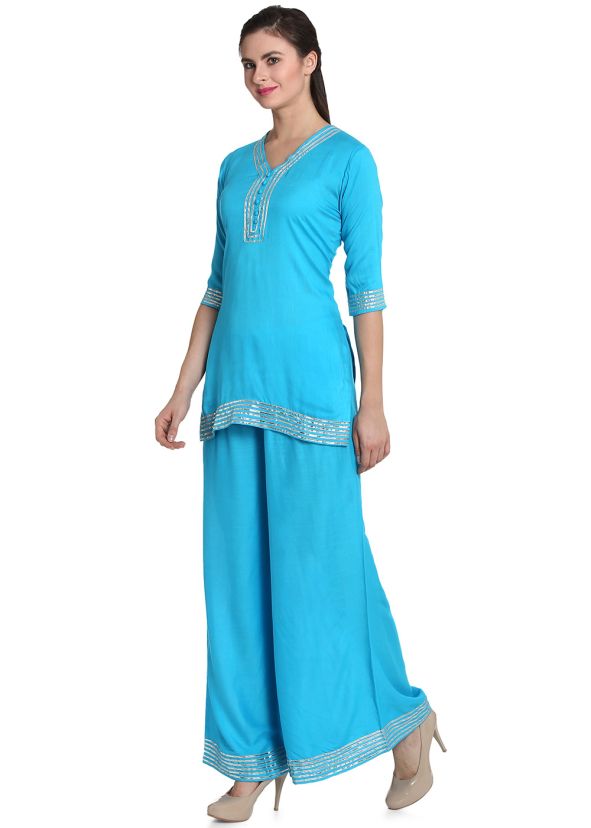 Readymade Blue Gota Patti Laced Kurti Palazzo Set