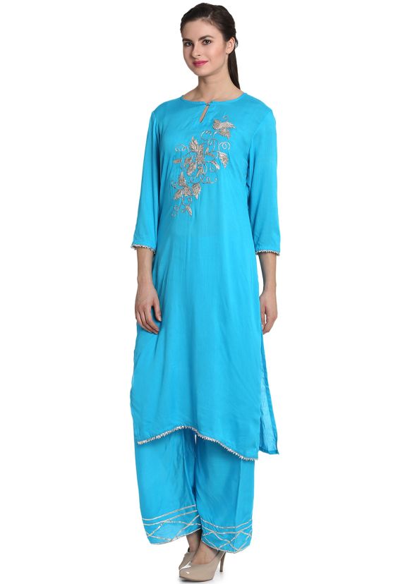 Blue Readymade Embroidered Long Kurta With Palazzo