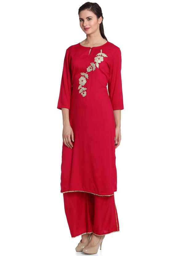 Red Gota Patti Embellished Kurta With Palazzo