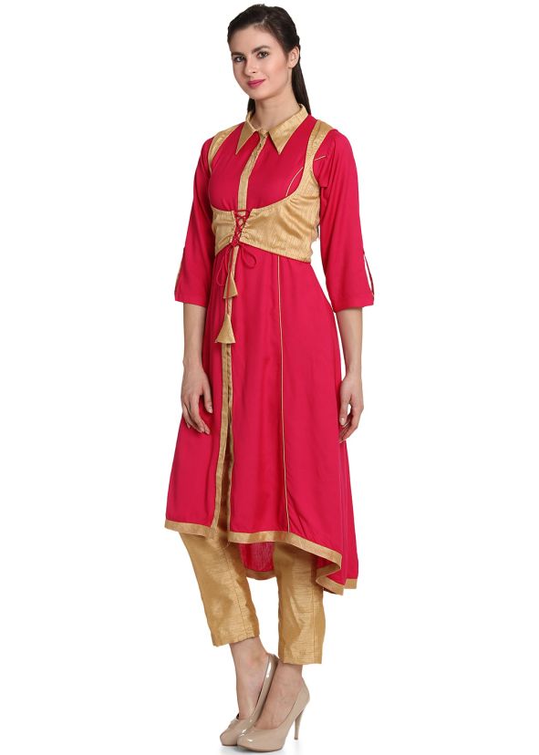 Pink Readymade Jacket Style Kurta With Pant