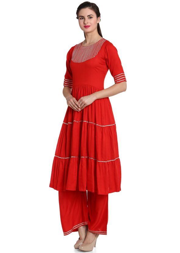 Red Gota Patti Laced Tiered Kurta With Palazzo