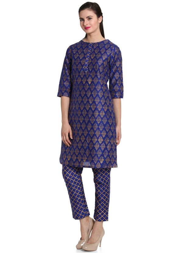 Navy Blue Block Printed Readymade Kurta Set