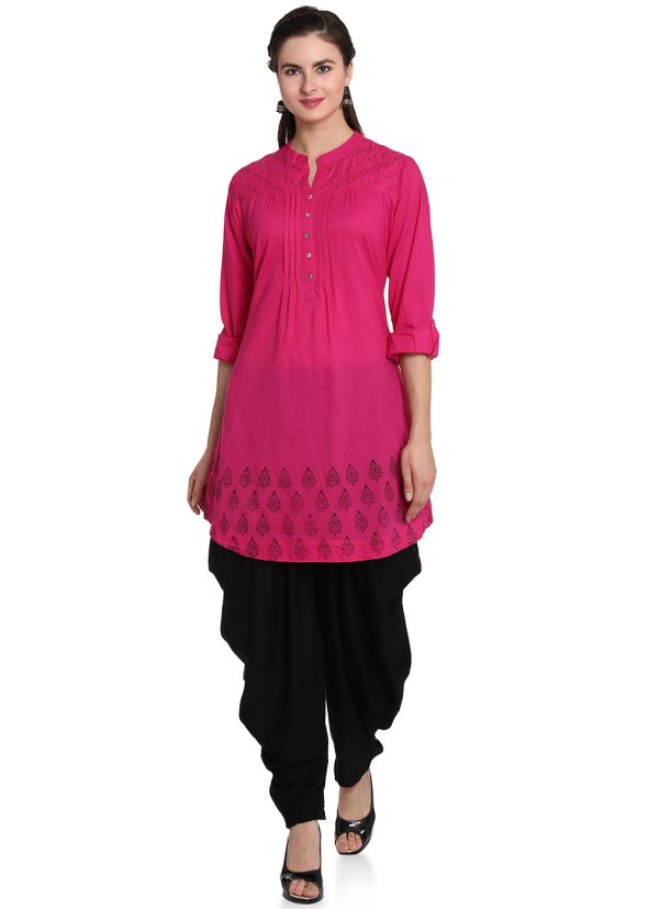 Pink Block Printed Border Kurti With Dhoti