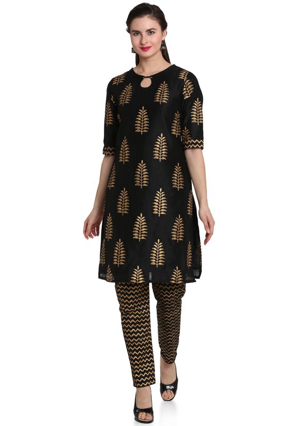 Black Block Printed Readymade Cotton Silk Kurta Set