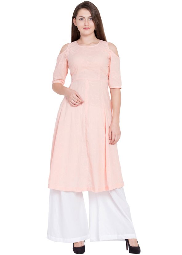 Peach Cold Shoulder Long Kurta With Palazzo