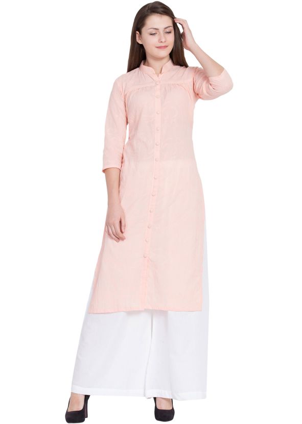 Peach Cotton Slit Style Long Kurta Palazzo Set