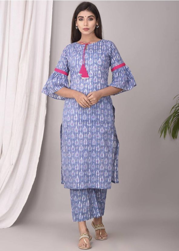 Blue Hand Block Printed Bell Sleeved Kurta Set