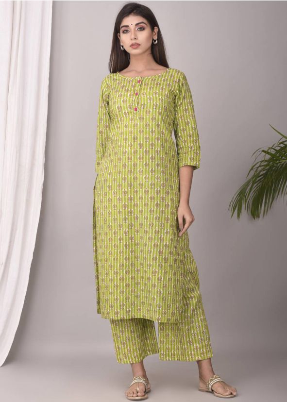 Green Block Printed Readymade Kurta With Palazzo