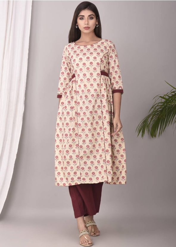 Cream Floral Block Printed Readymade Kurta Set