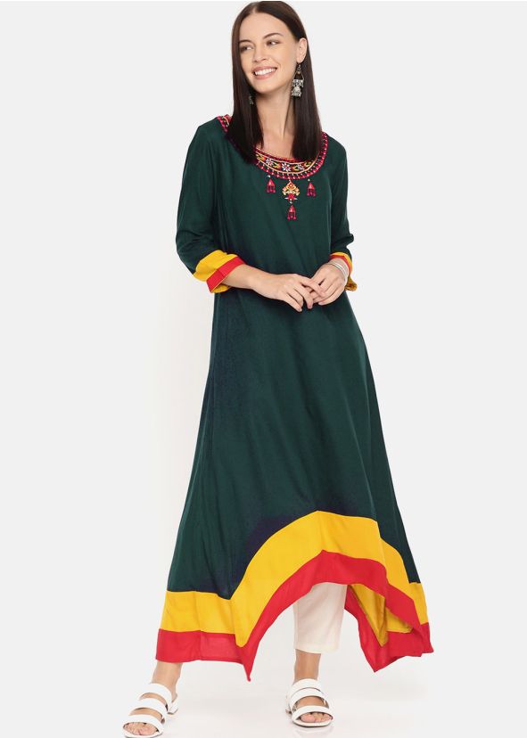 Green Asymmetric Readymade Long Kurta With Pant