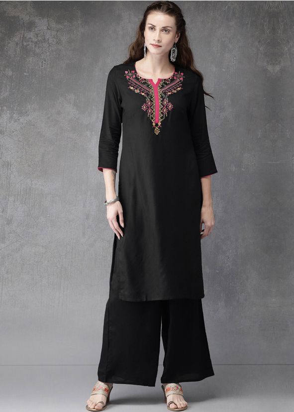 Readymade Black Embroidered Kurta Palazzo Set