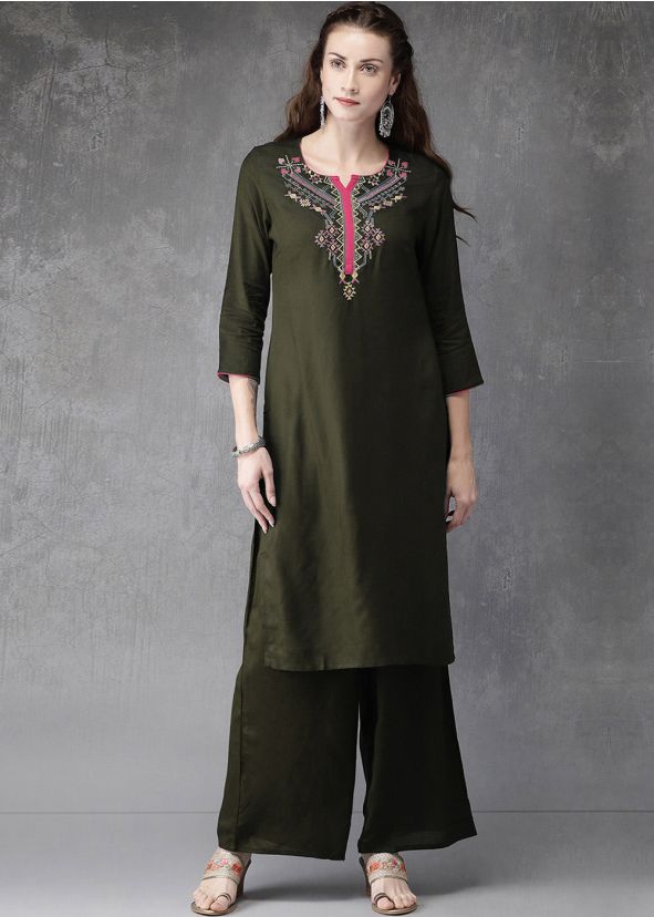 Green Embroidered Rayon Readymade Kurta Set