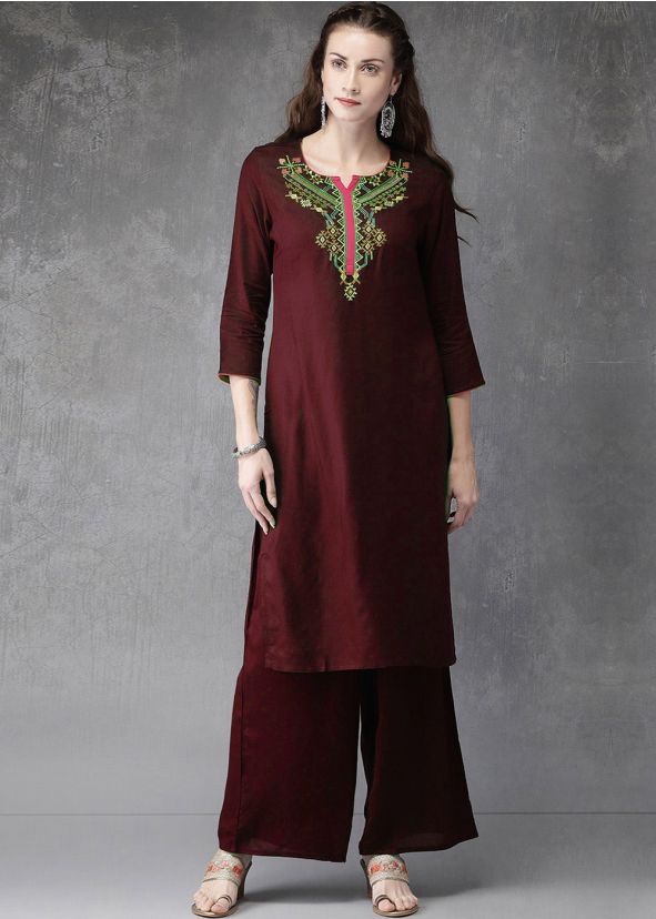 Maroon Readymade Embroidered Kurta With Palazzo