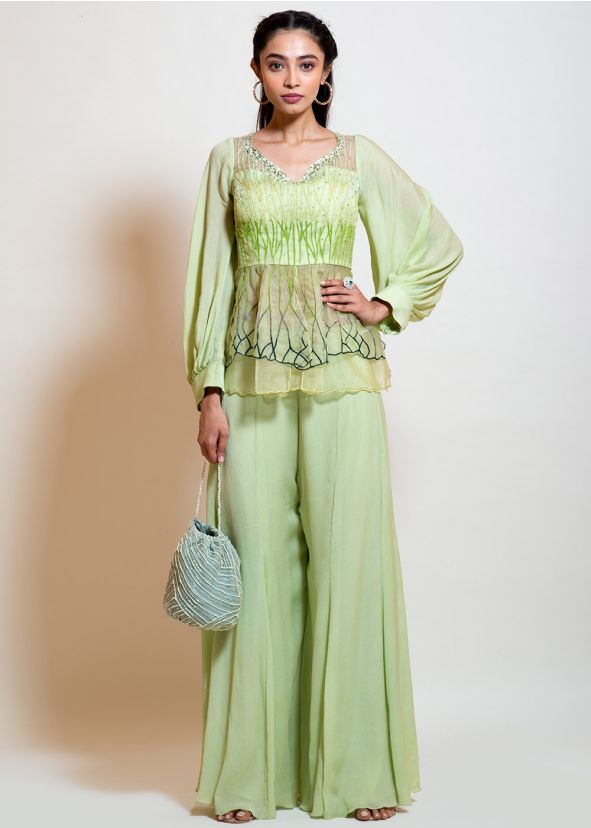 Green Embroidered Puff Sleeved Peplum Top With Palazzo