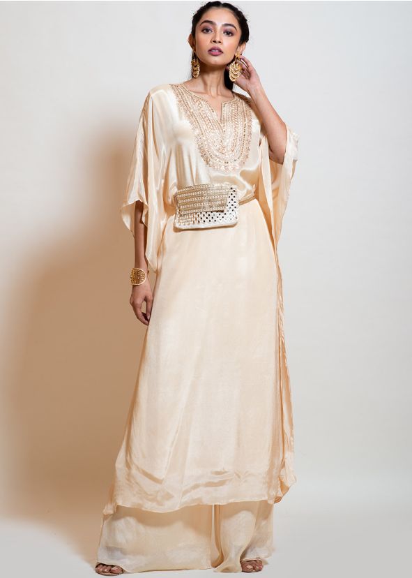 Cream Gota Patti Embellished Kaftan With Palazzo