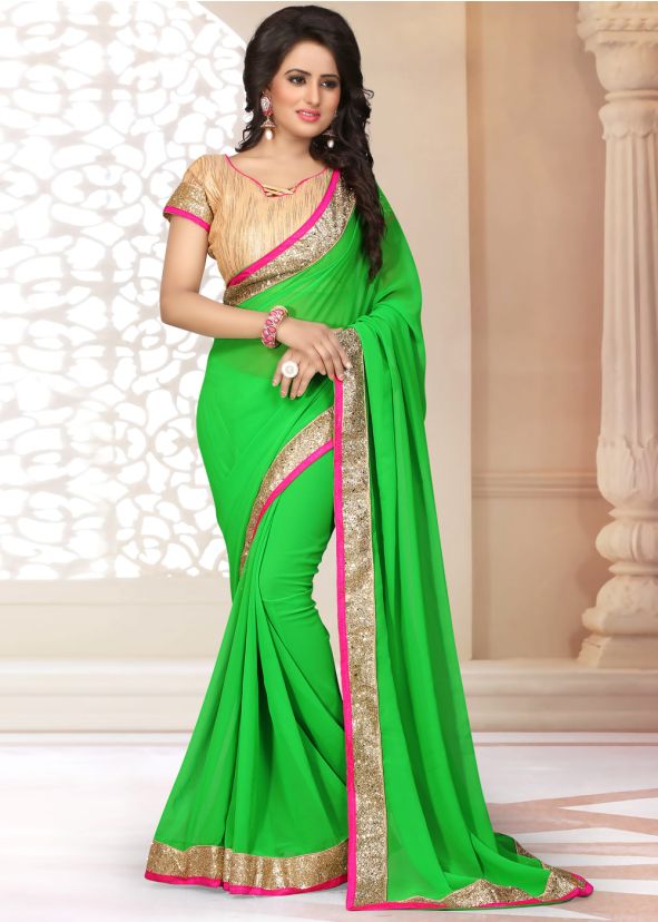 Patch Border Neon Green Georgette Saree