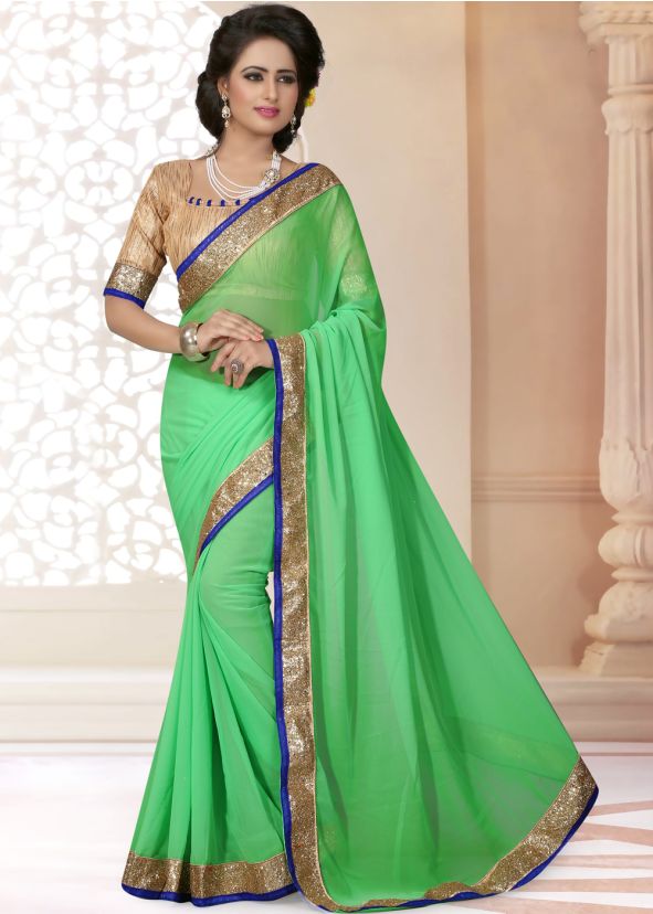 Green Georgette Patch Border Saree