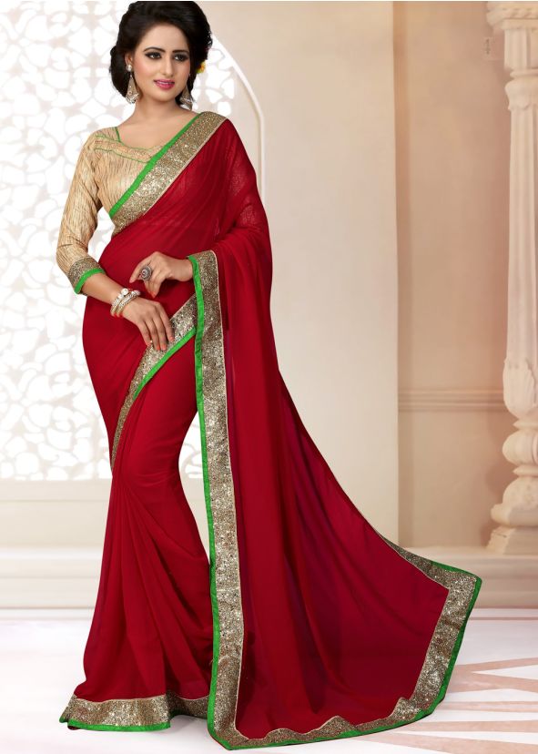 Maroon Georgette Saree with Brocade Blouse