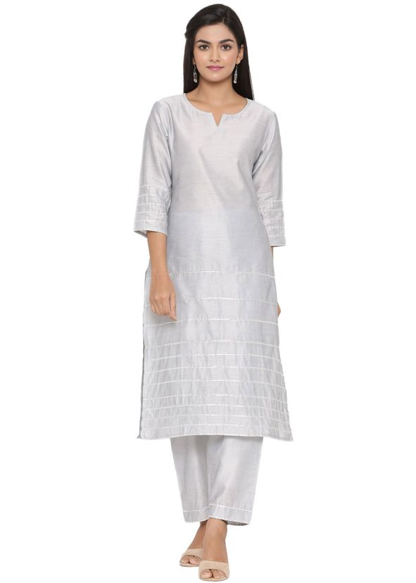 Grey Gotta Embellished Readymade Suit In Cotton