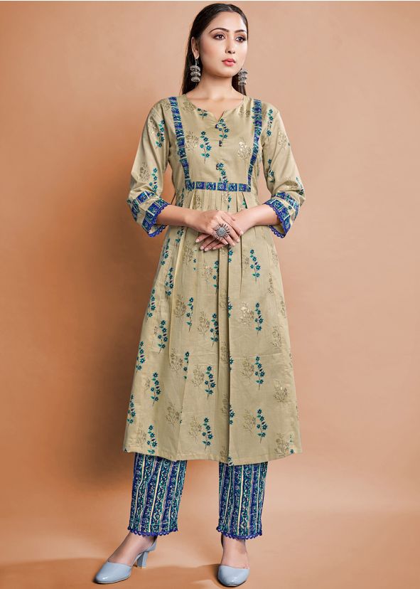 Beige Readymade Floral Kurta Pant Set