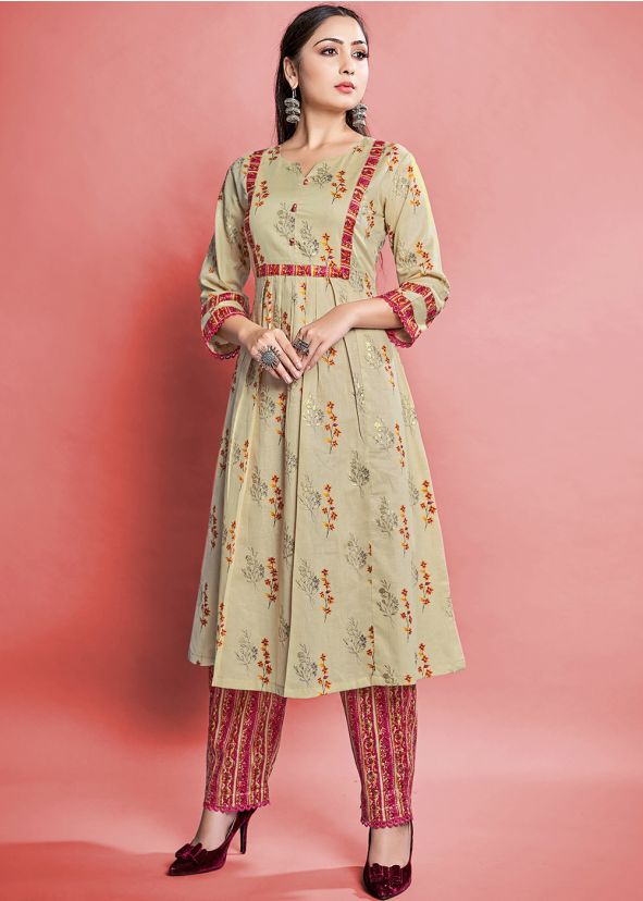 Printed Readymade Beige Cotton Kurta Set