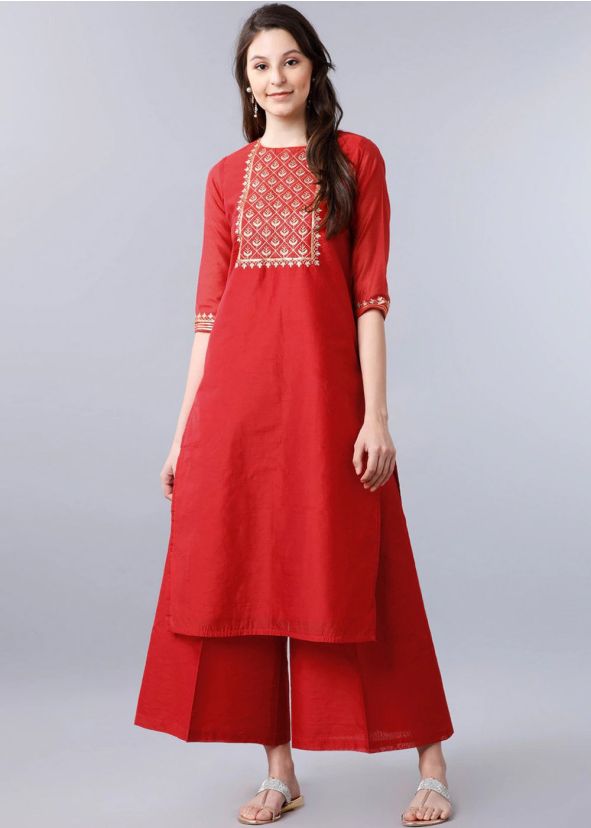 Readymade Embroidered Red Rayon Kurta Set