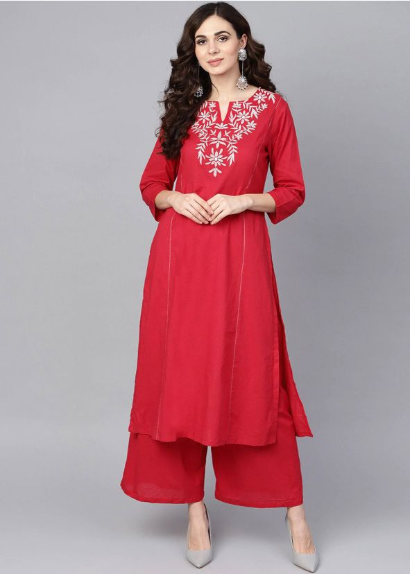 Red Embroidered Readymade Kurta Palazzo Set